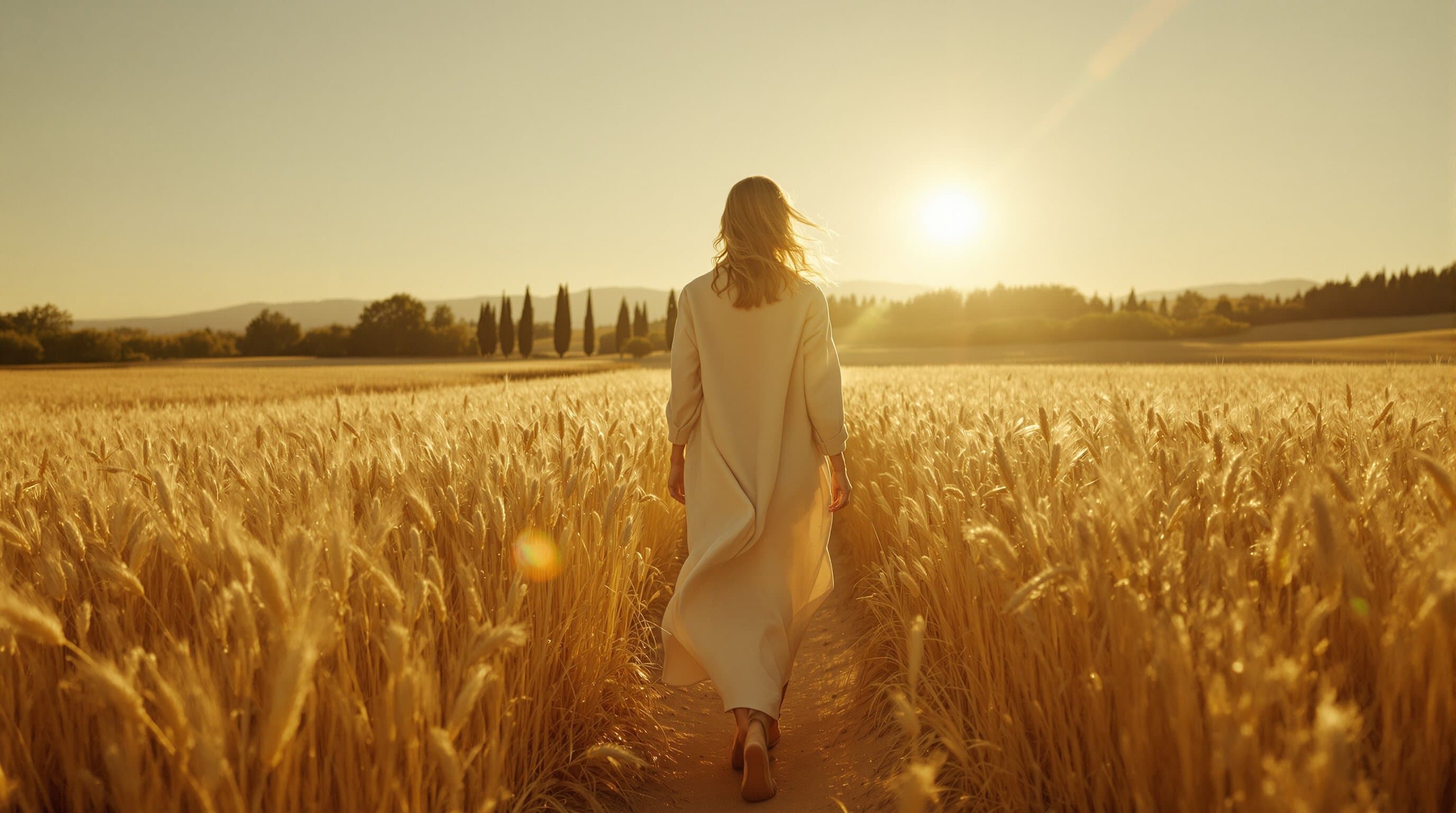 Editorial campaign in a sun-drenched wheat field
